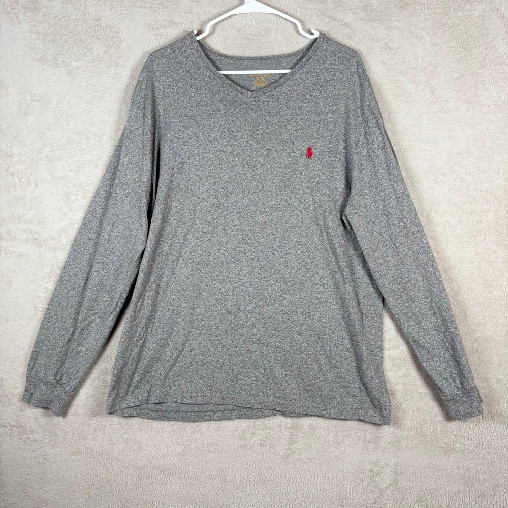 Polo Ralph Lauren V-Neck T-Shirt Mens XL Grey Long Sleeve Pony Logo Essential